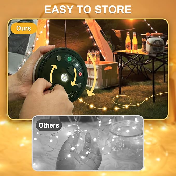 Camping String Lights, 4 in 1 Quick Storage 33FT Rechargeable Tent Lights with 14 Lighting Modes, Hanging Waterproof Portable Retractable LED Lamp for Outdoor, Patio, RV, Awning, Garden, Party