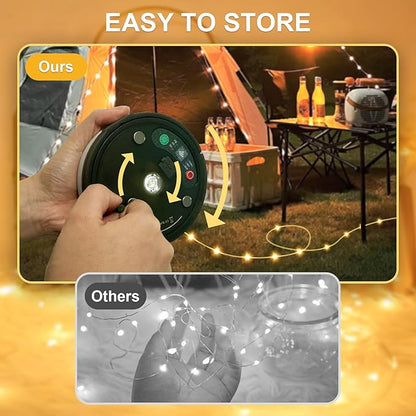 Camping String Lights, 4 in 1 Quick Storage 33FT Rechargeable Tent Lights with 14 Lighting Modes, Hanging Waterproof Portable Retractable LED Lamp for Outdoor, Patio, RV, Awning, Garden, Party