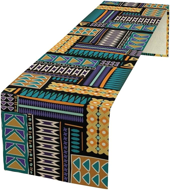 Mexican Geometric Ethnic Table Runner Vintage Abstract Traditional Vivid Color Seasonal Summer Holiday Dinner Runner for Farmhouse Kitchen Dinner Table Party Decoration 13x90in