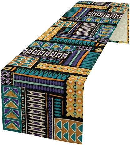 Mexican Geometric Ethnic Table Runner Vintage Abstract Traditional Vivid Color Seasonal Summer Holiday Dinner Runner for Farmhouse Kitchen Dinner Table Party Decoration 13x90in