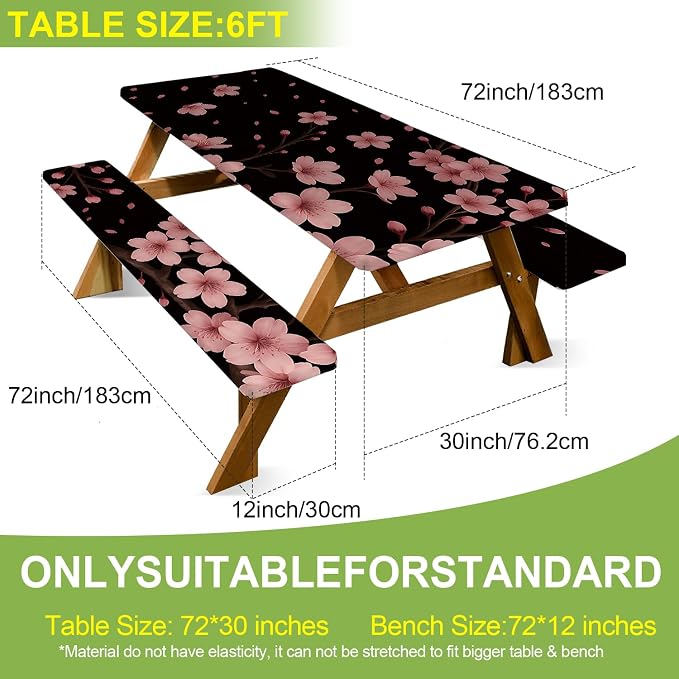 ANNA QUEEN Spring Floral 6FT Picnic Table Cover with Bench Covers Set of 3 with Drawstring Bag, Cherry Blossom Pink Flowers 72"x30" Waterproof Picnic Tablecloth & Bench Covers for Outdoor Garden
