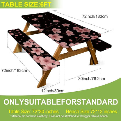 ANNA QUEEN Spring Floral 6FT Picnic Table Cover with Bench Covers Set of 3 with Drawstring Bag, Cherry Blossom Pink Flowers 72"x30" Waterproof Picnic Tablecloth & Bench Covers for Outdoor Garden