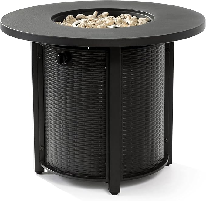 KEIKI 32 Inch Round Propane Fire Pit Table, Wicker Pattern Steel Outdoor Gas Fireplace, Patio Heater for Garden Deck