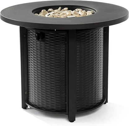 KEIKI 32 Inch Round Propane Fire Pit Table, Wicker Pattern Steel Outdoor Gas Fireplace, Patio Heater for Garden Deck
