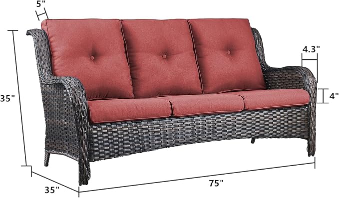 Rilyson Outdoor Patio Wicker Sofa 900Lbs Weight Capacity, Large 3 Seater Wicker Patio Couch with 4in Seat Cushions and Deep Seating, All Weather for Backyard, Garden, Poolside (Brown/Red)