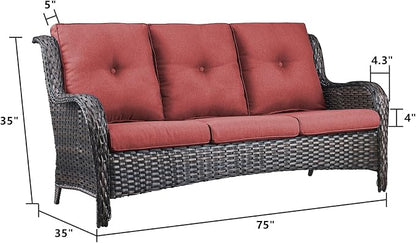Rilyson Outdoor Patio Wicker Sofa 900Lbs Weight Capacity, Large 3 Seater Wicker Patio Couch with 4in Seat Cushions and Deep Seating, All Weather for Backyard, Garden, Poolside (Brown/Red)