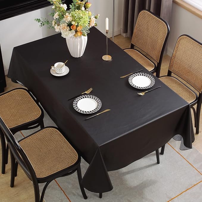 SASTYBALE Black Vinyl Tablecloth with Flannel Backing, 60 x 120 Inch | Waterproof PVC Surface, Wipeable Rectangular Table Cover for Dining, Buffet, Catering, Parties and Events