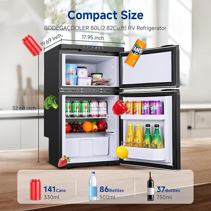 BODEGACOOLER 12 Volt RV Refrigerator, 80L(2.82cu.ft) RV Fridge with Freezer, APP Control Portable Compressor Cooler, -4℉ to 68℉, 12/24V DC for Boat, Yacht, Caravan, Truck, Camping