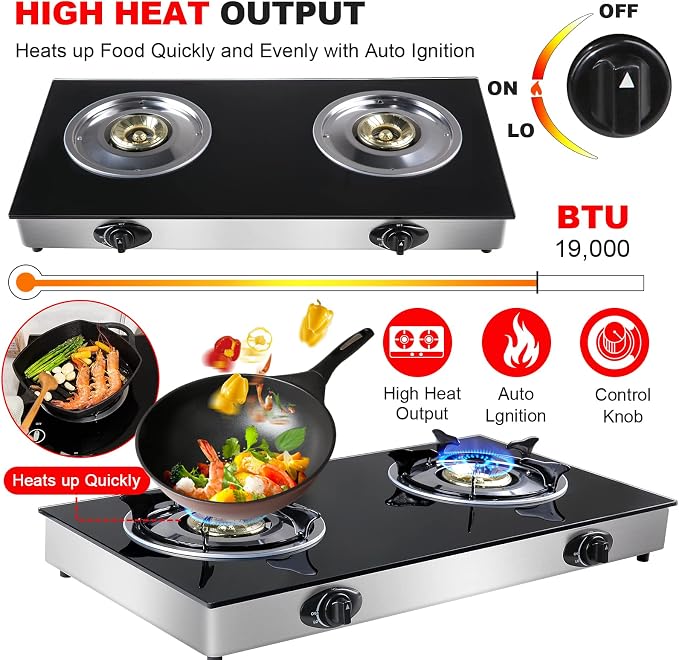 forimo Propane Gas Cooktop 2 Burners Gas Stove portable Tempered Glass Double Burners Stove Auto Ignition Camping Double Burner LPG for RV,Apartments,Outdoor