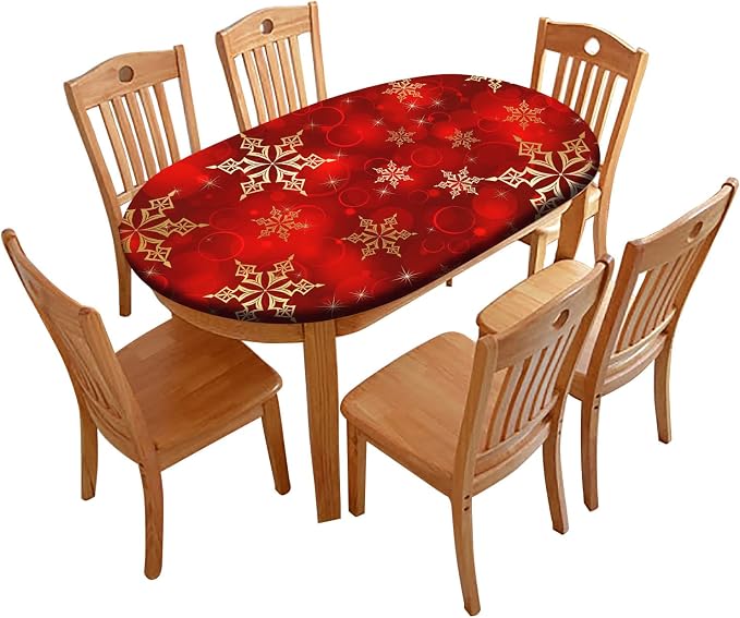Red Christmas Oval Tablecloths, Golden Snowflake Print Elastic Fitted Table Cloth, Windproof Oblong Covers for Indoor Dinner and Outdoor Patio Decor, Fits Tables up to 48'' x 68''