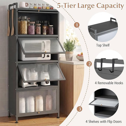 Giantex 5-Tier Kitchen Storage Cabinet, Mobile Microwave Stand with Flip-up PC Doors, Freestanding Kitchen Bakers Rack with 4 Rolling Casters, for Dining Room, Living Room and Study, Grey