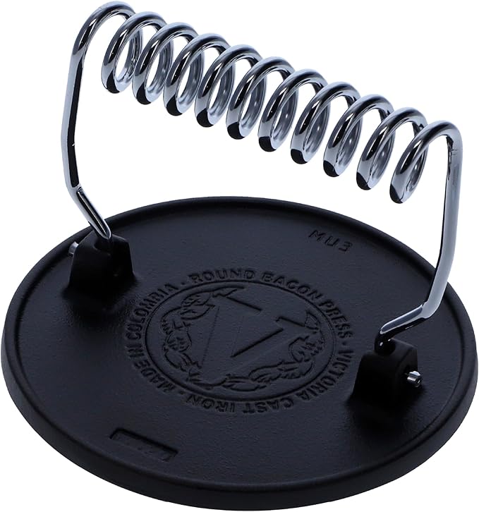Victoria Round Cast-Iron Meat Press with a Wire Handle, Preseasoned with Flaxseed Oil, Made in Colombia