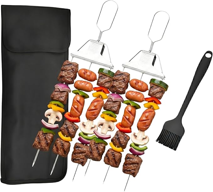 3 Prong Skewers for Grilling, 14.7" Stainless Steel BBQ Kabob Skewers with Push-Off Slider, Reusable Metal Skewer Sticks with Storage Bag & Basting Brush for Meat, Chicken, Veggies, Outdoor Cooking
