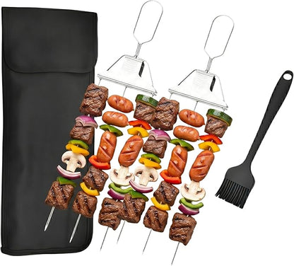 3 Prong Skewers for Grilling, 14.7" Stainless Steel BBQ Kabob Skewers with Push-Off Slider, Reusable Metal Skewer Sticks with Storage Bag & Basting Brush for Meat, Chicken, Veggies, Outdoor Cooking