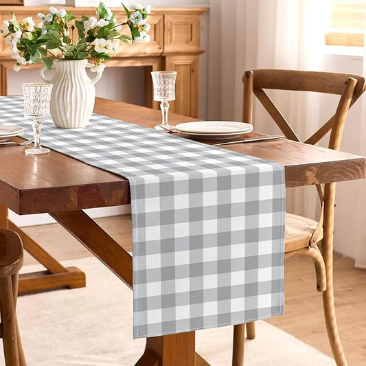 Grey and White Checkered Table Runner Gingham Birthday Wedding Baby Shower Party Decoration BBQ Picnic Dining Room Home Kitchen Table Decor (Grey, 13" x 72")