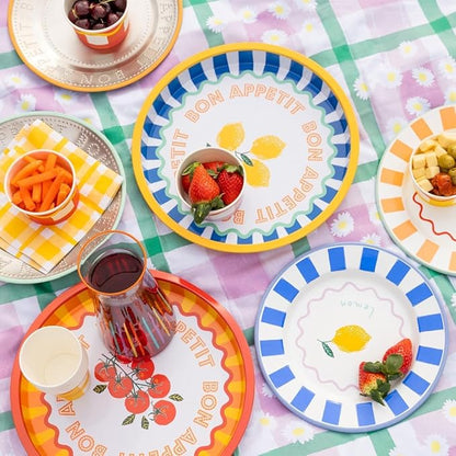 Talking Tables Large Round Serving Tray for Drinks, Snacks, Condiments Decorative and Colorful Tomato Design Summer Dining, BBQ, Outdoor Dining Garden Parties Made of Tin 12inches