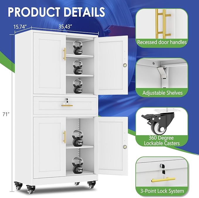 71" Metal Garage Storage Cabinet with Wheels and Locking Doors and Tall Rolling Steel Tool Cabinet with 3 Adjustable Shelves for Garage,Home,Office,Shop (White, 71" H x 35.43W x 15.74" D)