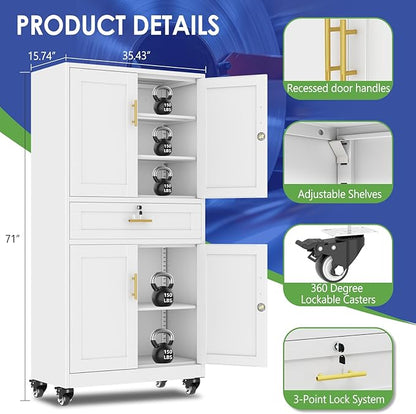 71" Metal Garage Storage Cabinet with Wheels and Locking Doors and Tall Rolling Steel Tool Cabinet with 3 Adjustable Shelves for Garage,Home,Office,Shop (White, 71" H x 35.43W x 15.74" D)