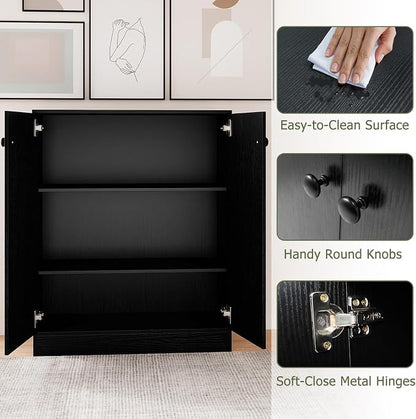 GIANTEX 2 Door Storage Base Cabinet (Black) | 3-Tier Base Cabinet with Non-Slip Foot Pads, Kitchen Cupboard Storage Organizer for Living Room, Hallway, Entryway, Office
