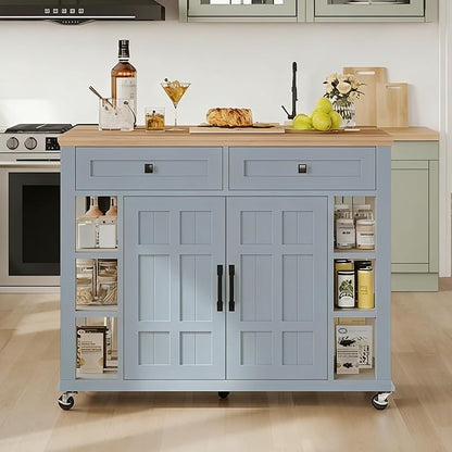 DWVO Rolling Kitchen Island with Drop Leaf, Mobile Storage Islands with Power Outlet Foldable Tabletop, 2 Drawers and Open Shelves, for Living Room, Dining Room, Blue Gray