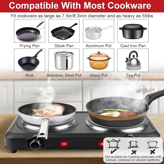KOCASO 1800W Dual Infrared Burner Hot Plate, 7.5" & 6.3" Glass Cooktop, Stepless Temp Control 302°F-1022°F, Portable Electric Stove for Home, RV, Camping, Dorms