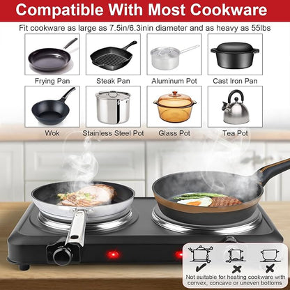 KOCASO 1800W Dual Infrared Burner Hot Plate, 7.5" & 6.3" Glass Cooktop, Stepless Temp Control 302°F-1022°F, Portable Electric Stove for Home, RV, Camping, Dorms