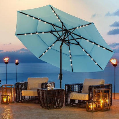 ABCCANOPY 3-Tiers 10FT Solar Patio Umbrella, Outdoor Umbrella with 32 LED Lights for for Deck, Pool, Garden, Backyard (Turquoise)