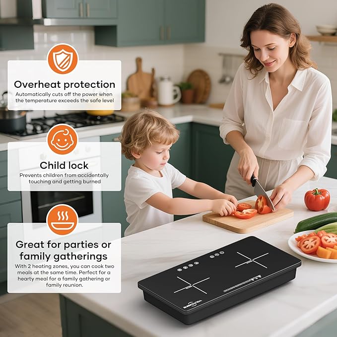 1800W Double Induction Burner, Minimal Cross-Pattern Panel, 2×900W Cooking Zones, Touch Control, 8 Power Levels, 1–99 min Timer, Durable Ceramic Glass for Magnetic Pots