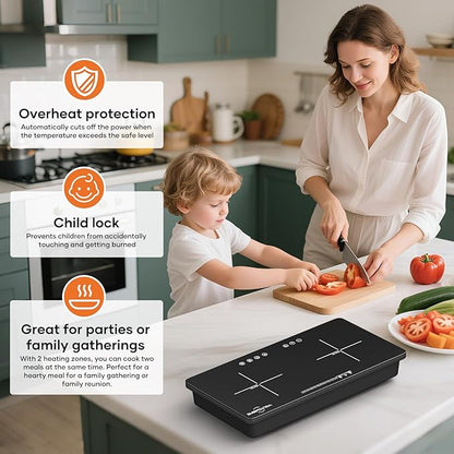 1800W Double Induction Burner, Minimal Cross-Pattern Panel, 2×900W Cooking Zones, Touch Control, 8 Power Levels, 1–99 min Timer, Durable Ceramic Glass for Magnetic Pots