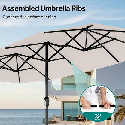 AreShark 15ft Patio Umbrella with Base, Double Sided Outdoor Umbrella with 12 Fiberglass Ribs, Large Outdoor Umbrella for Garden, Pool, Deck, Backyard & Market, Cream White