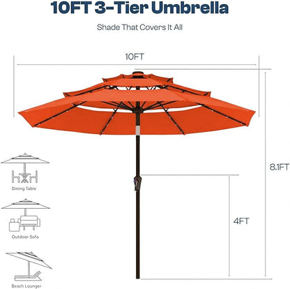 10ft 3-Tier Patio Umbrella with 32 Solar Powered LED Lights, Windproof Outdoor Market Umbrella for Deck, Poolside & Garden, Sturdy Push-Button Tilt Table Umbrella, Terracotta