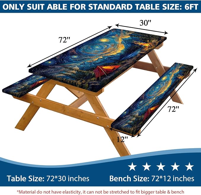 Picnic Table Cover with Bench Covers Elastic Edges, Blue Starry Night Camping Table Cover, Waterproof Windproof Fitted, for Outdoor Camping Patio Backyard Gatherings, Drawstring Bag, 60 Inch 3PCS