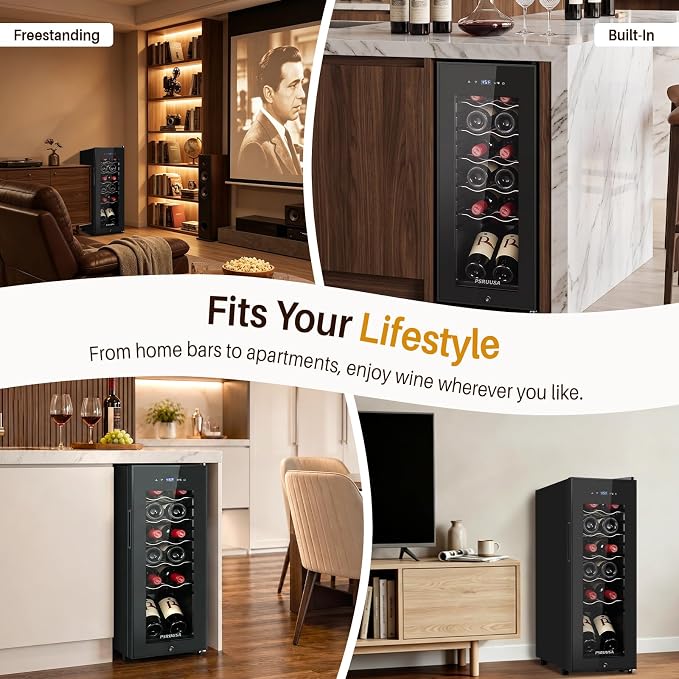 12 Bottle Wine Fridge, Slim Wine Cooler Refrigerator with Glass Door for Red, White, Champagne, Compressor Cooling, Freestanding Wine Refrigerator for Home Bar, Apartment, Office
