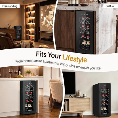 12 Bottle Wine Fridge, Slim Wine Cooler Refrigerator with Glass Door for Red, White, Champagne, Compressor Cooling, Freestanding Wine Refrigerator for Home Bar, Apartment, Office