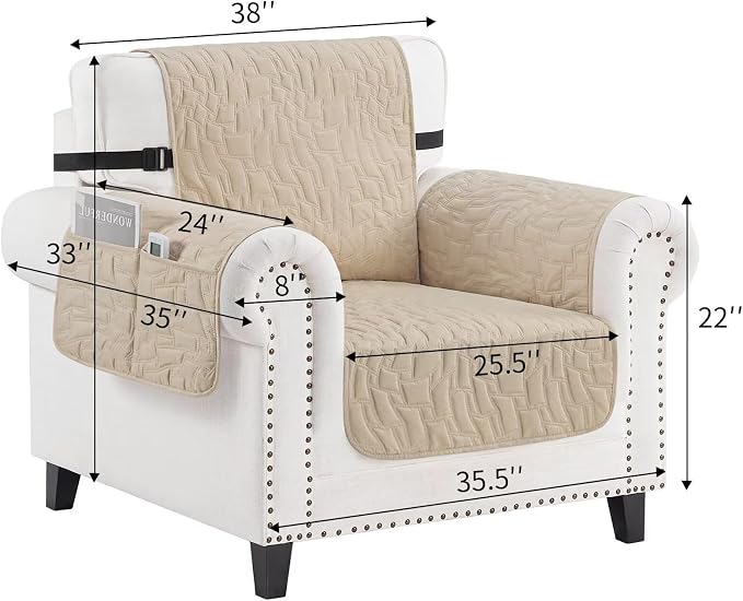 CUCRAF Non Slip Quilted Sofa Cover, Water Resistant Slipcover Furniture Protector for 1 Cushion Sofa Pet Friendly, Washable Couch Cover with Adjustable Elastic Straps (Small Chair, Light Khaki)