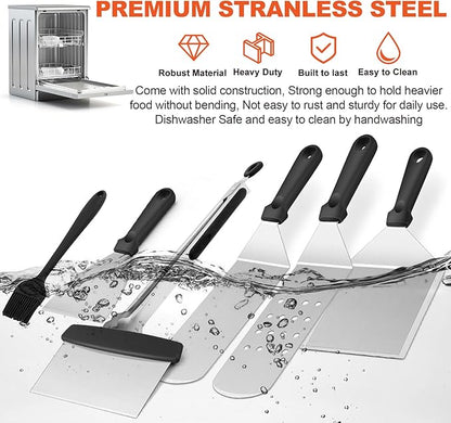 8Pcs Griddle Accessories Kit for Blackstone, Joyfair Flattop Grilling Accessory Tool Set with Stainless Steel Burger Spatula Turner, Metal Flipper, for Outdoor BBQ Teppanyaki Hibachi, (PP Handles)