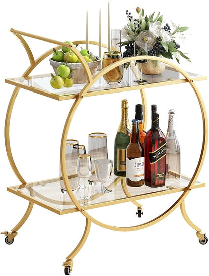 Gold Bar Carts for The Home Bar Serving Cart, Rolling Bar Cart Gold with Lockable Caster Wheels, Glass Bar Carts with 2 Mirrored Shelves, Storage Round Wine Carts for Kitchen, Party