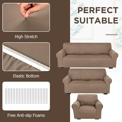 Peryiter 3 Pcs Couch and Loveseat Sofa Covers,Camel,Milk Silk | Armchair Covers for Living Room, Sofa Cushion Slipcover, Furniture Protector, Polyester and Spandex, Washable