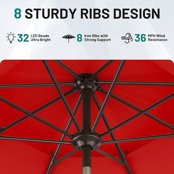 AreShark 9ft 2 Tiers Patio Umbrella with Solar Lights, Outdoor Umbrella w/ 32 LED Lights&8 Sturdy Ribs, Table Umbrella for Deck, Backyard, Pool(Red)