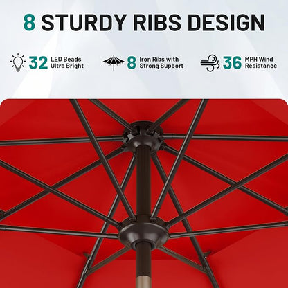 AreShark 9ft 2 Tiers Patio Umbrella with Solar Lights, Outdoor Umbrella w/ 32 LED Lights&8 Sturdy Ribs, Table Umbrella for Deck, Backyard, Pool(Red)