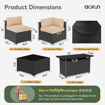 Aoxun 8 Piece Patio Furniture Set with 44” Fire Pit Table Wicker Patio Sectional Sofa Set Outdoor Seating Furniture with Thickened Cushion, Beige