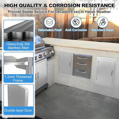 BBQ Access Door 14" W x 20" H-304 Stainless Steel Never Rust-Double Layer-Outdoor Kitchen Doors-Outside Cabinet Door-Weatherproof GrillDoor-Flush Mount BBQ Island Doors-MetalDoor for Outdoor Kitchen