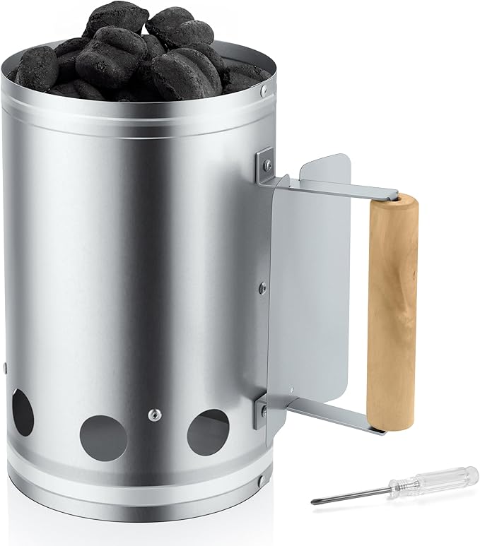 Leonyo Charcoal Chimney Starter, Heavy Duty BBQ Chimney Starter Perfect for Charcoal Grill and BBQ, Sturdy and Easy to Use BBQ Grill Tool for Rapid Fire Starter, Heat Resistant Wooden Handle, Silver
