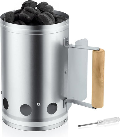 Leonyo Charcoal Chimney Starter, Heavy Duty BBQ Chimney Starter Perfect for Charcoal Grill and BBQ, Sturdy and Easy to Use BBQ Grill Tool for Rapid Fire Starter, Heat Resistant Wooden Handle, Silver