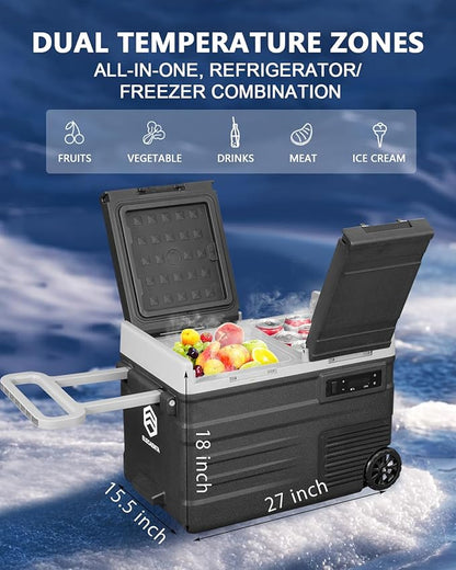 ELECAENTA 12V Refrigerator with Battery, 43qt Dual Zone, Support DC/AC/Solar/Battery Powered, Portable Car Fridge Freezer -4℉~68℉, Electric Cooler for Vehicles Camping Travel Fishing Road Trips