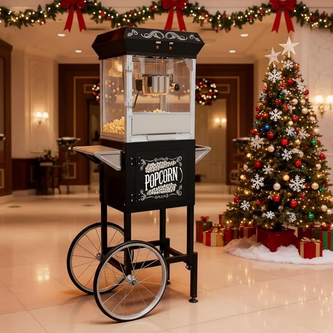 Popcorn Machine with Cart, Popcorn Popper with 8 Oz Kettle Makes Up to 32 Cups, Nostalgia Professional Cart with Warming Deck and Old Maids Drawer, Movie Night Supplies for Home, Black