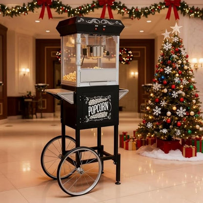 Popcorn Machine with Cart, Popcorn Popper with 8 Oz Kettle Makes Up to 32 Cups, Nostalgia Professional Cart with Warming Deck and Old Maids Drawer, Movie Night Supplies for Home, Black