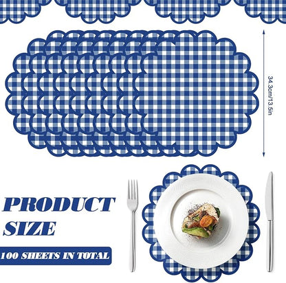 100Pcs Checkered Paper Placemats Dark Blue Gingham Place Mats 13.5 Inch Disposable Round Decorative Dining Table Mat with Scalloped Edge Paper Cutouts Decor for Summer Picnic BBQ Table Party Supplies