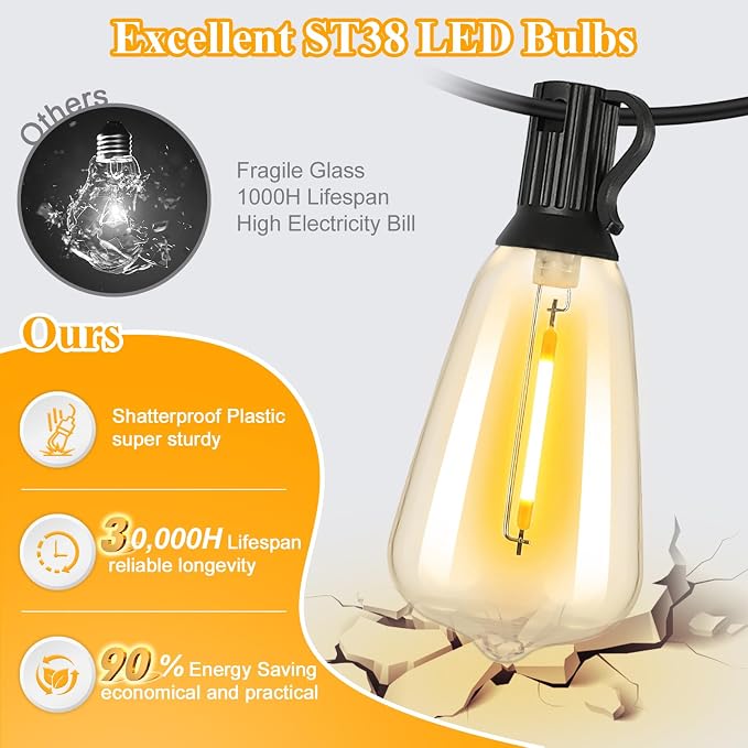 Brightever LED String Lights Outdoor Waterproof, 200FT 2200K Dimmable Patio Lights with 104 Shatterproof ST38 Vintage Edison Bulbs, Outside Hanging Light for Porch, Deck, Garden, Backyard, Balcony