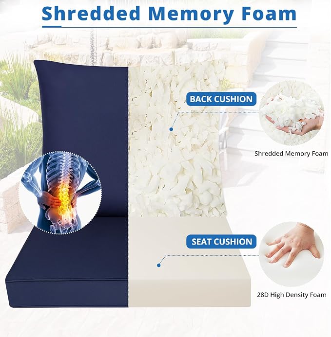Outdoor Chair Cushions Patio Furniture Seat & Back Pillow 22 x 22 Inch Blue | Rain-Proof Cover Removable Replacement with Ties for Wicker Sofa Couch Sunbrella Outside